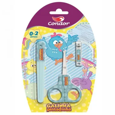 Kit de Unha Infantil Condor Galinha Pintadinha Tesoura, Cortador e Lixa Cores Sortidas