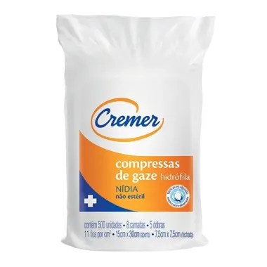 Compressa Gaze Cremer Nídia 7,5cm x 7,5cm Hidrófila Não Estéril 8 Camadas 5 Dobras com 500  Unidades