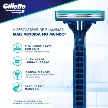 Gillette Prestobarba Ultragrip2 Aparelho de Barbear Descart&aacute;vel Cabe&ccedil;a M&oacute;vel 2 Unidades