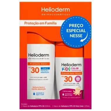 Kit Protetor Solar Fam&iacute;lia Helioderm Suncare Corporal Adulto FPS 30 200ml + Kids Color FPS 30 120ml
