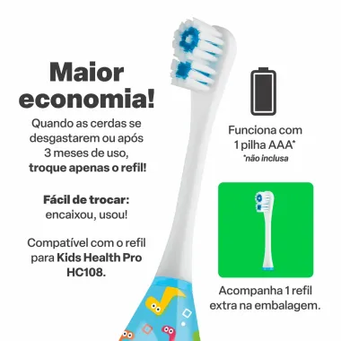 Escova Dental Elétrica Infantil Multilaser Dinossauro Kids Healt Pro 1 Unidade + 1 Refil