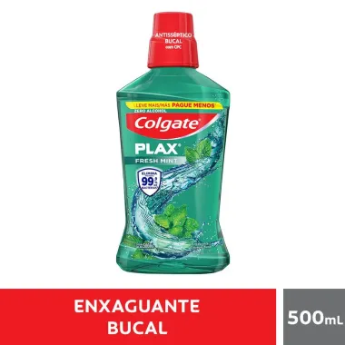 Solu&ccedil;&atilde;o Bucal Colgate Plax Fresh Mint com Fl&uacute;or sem &Aacute;lcool Leve 500ml Pague 350ml