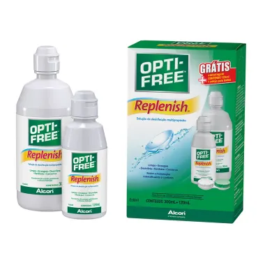 Opti-Free Replenish Solução Multipropósito para Lentes de Contato Gelatinosas e Silicone Hidrogel 300ml + Grátis 120ml + Estojo para Lentes