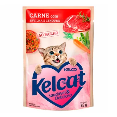 Ração Úmida para Gatos Kelcat Sabor Carne com Ervilha e Cenoura em Sachê 85g