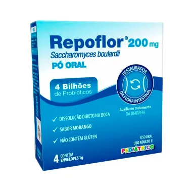 Repoflor 200mg Pediátrico Envelopes Sabor Morango com 4 Envelopes