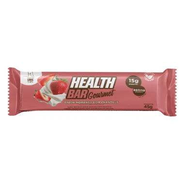 Barra de Prote&iacute;na Health Bar Gourmet Whey Protein e Col&aacute;geno Helath Labs Iso Sabor Morango com Chantilly 45g