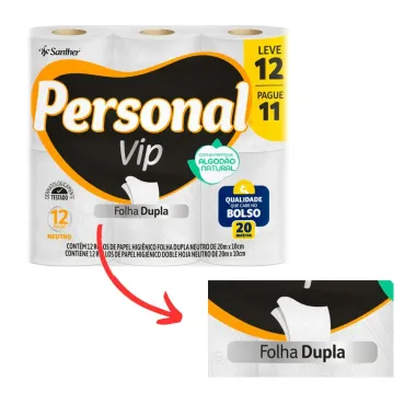 Papel Higiênico Personal Vip Neutro Folha Dupla Leve 12 Pague 11 Unidades