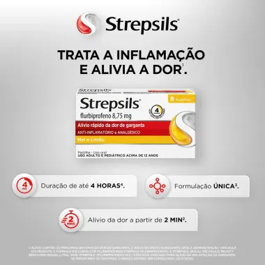 Pastilhas para Garganta Strepsils Sabor Mel e Lim&atilde;o 8 Pastilhas