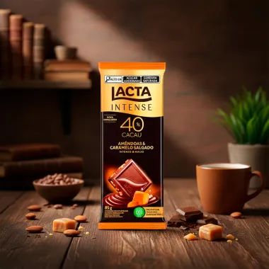 Chocolate Lacta Intense Meio Amargo 40% Cacau Am&ecirc;ndoas e Caramelo Salgado 85g