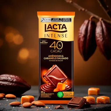 Chocolate Lacta Intense Meio Amargo 40% Cacau Am&ecirc;ndoas e Caramelo Salgado 85g