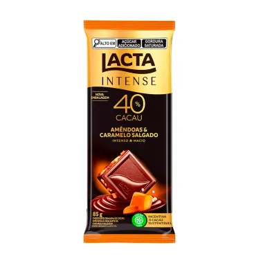 Chocolate Lacta Intense Meio Amargo 40% Cacau Am&ecirc;ndoas e Caramelo Salgado 85g