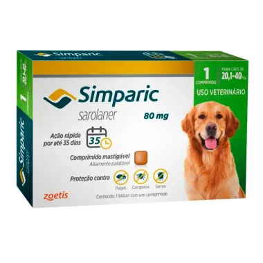 Simparic 80mg para Cães de 20,1 a 40kg com 1 Comprimido Mastigável