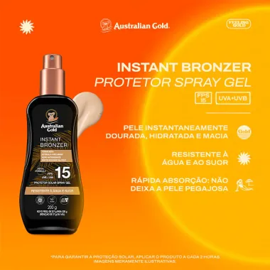 Protetor Solar Australian Gold Instant Bronzer FPS 15 Spray Gel com 200g