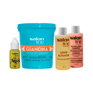 Creme de Relaxamento Salon Line Guanidina Óleo de Argan para Cabelos Médios ou Finos 218g +1 Shampoo Neutralizante 54ml + 1 Líquido Activador 54ml + 1 Óleo Argan