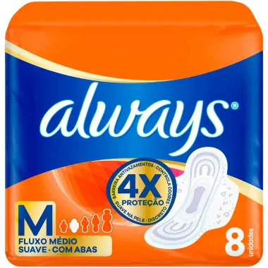 Absorvente Always Suave Tamanho M com Abas 8 Unidades