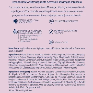 Desodorante Aerossol Antitranspirante Monange Feminino Hidratação Intensiva 150ml