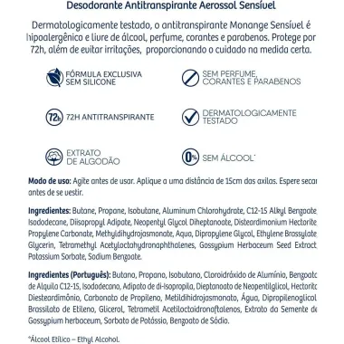 Desodorante Monange Sens&iacute;vel Sem Perfume Aerosol Antitranspirante 48h com 150ml