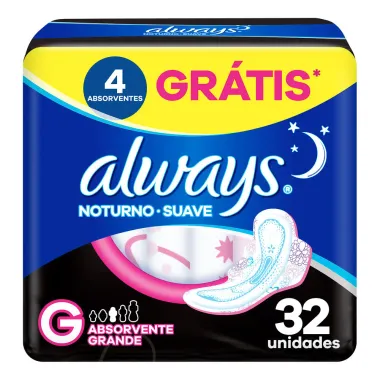 Absorvente Always Noturno Suave Tamanho G com Abas 32 Unidades