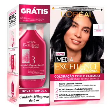 Kit Tintura Imédia Excellence L'oréal Preto 1 Ganhe Condicionador Cuidado Milagroso da Cor