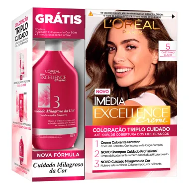 Kit Tintura Imédia Excellence L'oréal Castanho Claro 5 Ganhe Condicionador Cuidado Milagroso da Cor