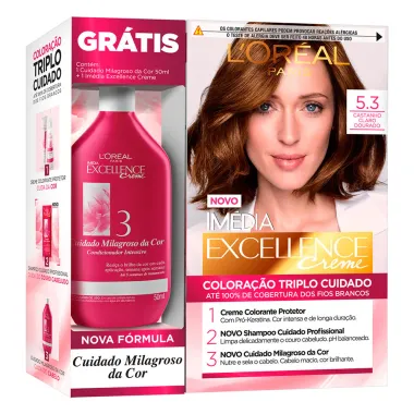 Kit Tintura Imédia Excellence L'oréal Castanho Claro Dourado 5.3 Ganhe Condicionador Cuidado Milagroso da Cor