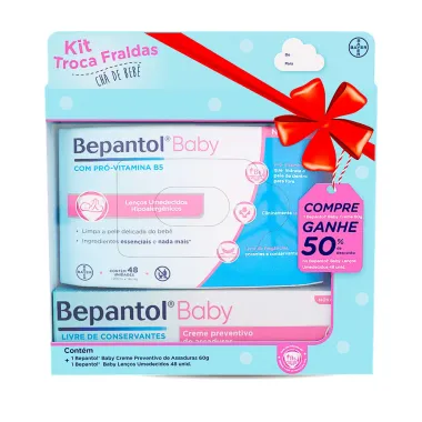 Kit Bepantol Baby Troca de Fraldas, Creme Preventivo de assaduras 60g e Lenços Umedecidos com 48 Unidades