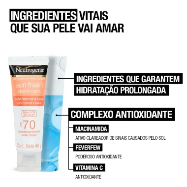Protetor Solar Facial Neutrogena Sun Fresh Derm Care FPS 70 Sem Cor Pele Normal a Seca 40g