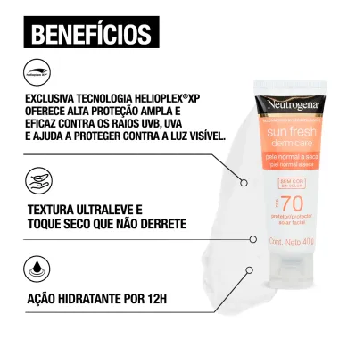 Protetor Solar Facial Neutrogena Sun Fresh Derm Care FPS 70 Sem Cor Pele Normal a Seca 40g