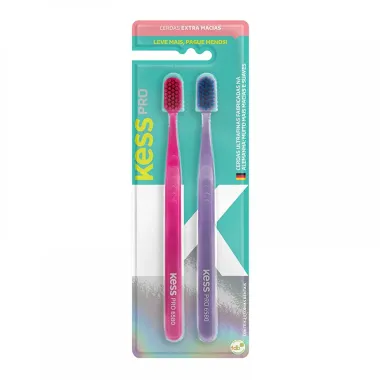 Escova Dental Kess Pro Extra Macia Cores Sortidas 2 Unidades + Capa Protetora