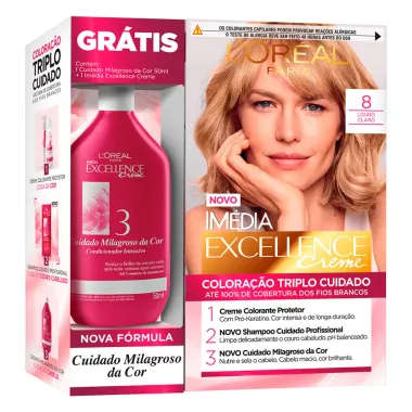 Kit Tintura Imédia Excellence L'oréal Louro Claro 8 Ganhe Condicionador Cuidado Milagroso da Cor