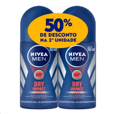 Desodorante Nivea Men Dry Impact Plus Roll-on Antitranspirante 48h com 2 Unidades de 50ml cada 50% Desconto na 2ª Unidade