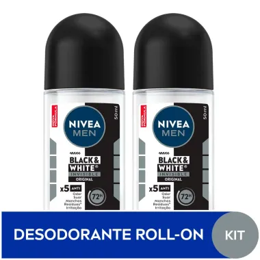 Desodorante Nivea Men Invisible For Black & White Roll-on Antitranspirante 48h com 2 Unidades de 50ml cada + 50% Desconto na 2&ordf; Unidade