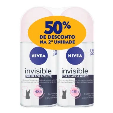 Desodorante Nivea Invisible For Black & White Clear Roll-on 2 Unidades de 50ml cada + 50% Desconto na 2ª Unidade