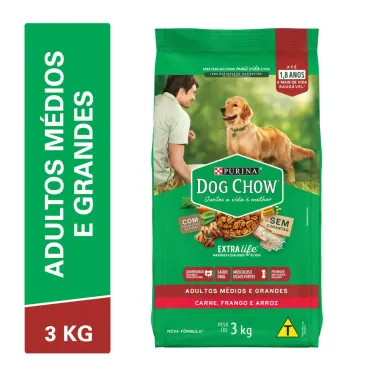 Ra&ccedil;&atilde;o Dog Chow C&atilde;es Adultos M&eacute;dios e Grandes Sabor Frango e Arroz 3kg
