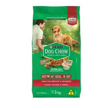 Ra&ccedil;&atilde;o Dog Chow C&atilde;es Adultos M&eacute;dios e Grandes Sabor Frango e Arroz 3kg