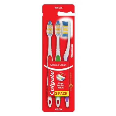 Escova Dental Colgate Classic Clean Macia Cores Sortidas com Limpador de Língua Leve 3 Pague 2 Unidades