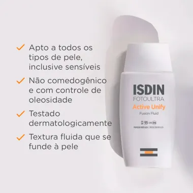 Protetor Solar Facial Foto Ultra ISDIN Active Unify Sem Cor FPS 99 50ml
