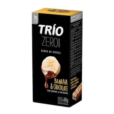 Barra de Cereal Trio Banana e Chocolate Zero Açúcar 60g com 3 Unidades de 20g cada