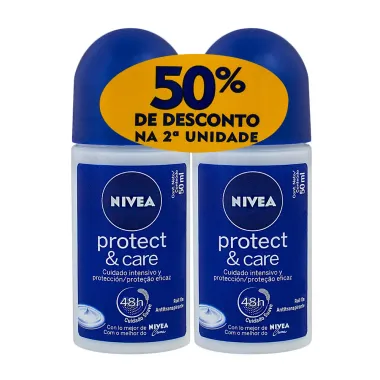 Desodorante Nivea Protect & Care Roll-on Antitranspirante 48h com 2 Unidades de 50ml cada 50% Desconto na 2ª Unidade