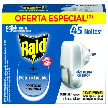 Aparelho Raid Elétrico Líquido 45 Noites 1 Aparelho + 1 Refil de 32,9ml Oferta Especial