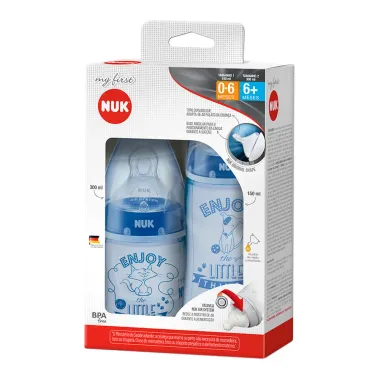 Kit Mamadeira Nuk My First Bico de Silicone Ortodôntico Fluxo Médio 150ml e 300ml Boys