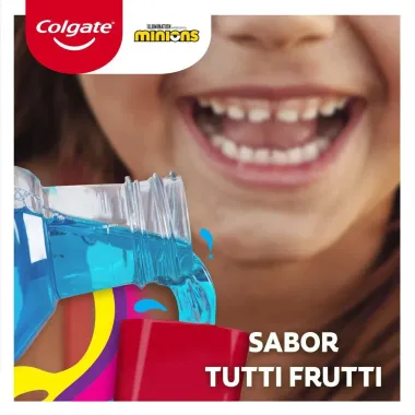 Enxaguante Bucal Colgate Plax Kids Minions com Fl&uacute;or Sem &Aacute;lcool Tutti-Frutti com 250ml