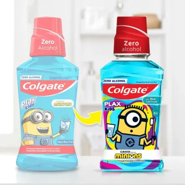 Enxaguante Bucal Colgate Plax Kids Minions com Fl&uacute;or Sem &Aacute;lcool Tutti-Frutti com 250ml