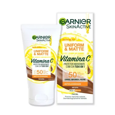 Protetor Solar Facial Hidratante Garnier Uniform & Matte Vitamina C FPS 50 Negra 40g