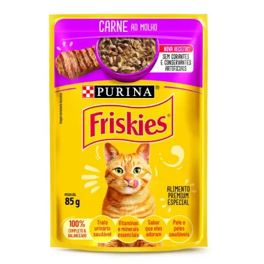 Ra&ccedil;&atilde;o &Uacute;mida para Gatos Friskies Adultos Sabor Carne ao Molho em Sach&ecirc; 85g
