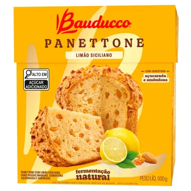 Panettone Bauducco Limão Siciliano e Uva Passas Brancas Cobertura Açucarada e Amêndoas 500g