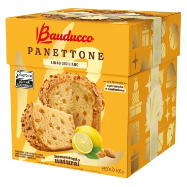 Panettone Bauducco Limão Siciliano e Uva Passas Brancas Cobertura Açucarada e Amêndoas 500g