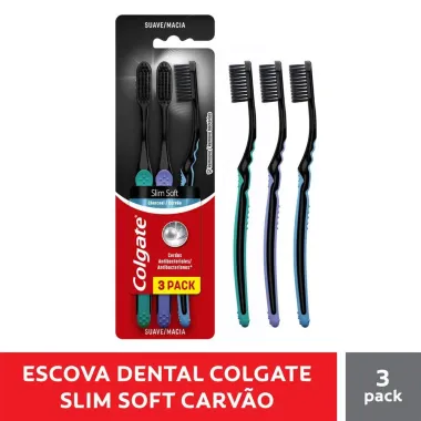 Escova Dental Colgate Slim Soft Black Macia Cores Sortidas 3 Unidades
