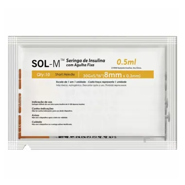 Seringa de Insulina Sol-M 100UI com Agulha 30G 8mm x 0,3mm 10 Unidade de 0,5ml cada