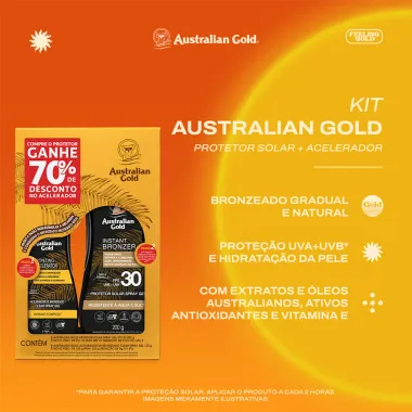 Protetor Solar Australian Gold FPS 30 Spray Gel 200ml + Ganhe 70% Desconto no Bronzeador Accelerator Clear Spray Gel 120g